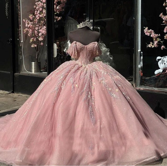 Vestido de quinceañera largo de tul rosa con hombros descubiertos, modesto, para 15 años, dulce 16, DH1851