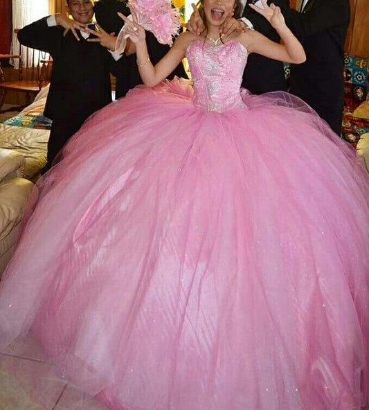 Hermoso vestido de quinceañera largo de tul rosa con escote corazón, vestido formal de 15 años, vestido de dulces 16 DH1852