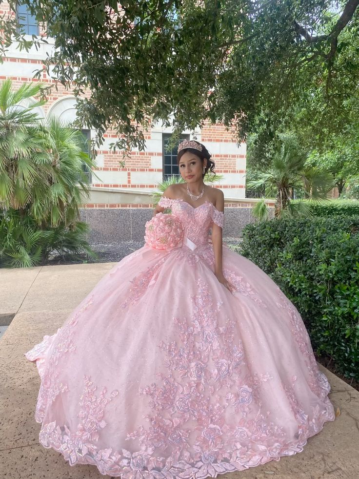 Vestido de quinceañera largo con hombros descubiertos, tul rosa y encaje, vestido formal de 15 años, vestido de dulce 16 DH1853