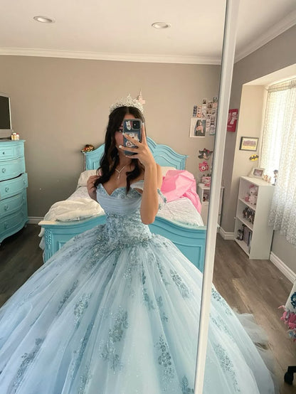 Vestido de quinceañera largo con hombros descubiertos y tul azul con encaje, vestido formal de 15 años, vestido de dulce 16 H1854