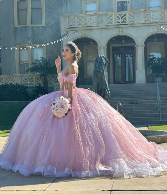 Vestido de quinceañera largo con hombros descubiertos, tul rosa y encaje, vestido formal de 15 años, vestido de dulce 16 DH1855