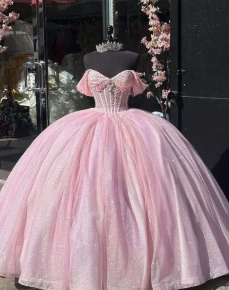 Vestido de quinceañera largo de tul rosa con hombros descubiertos, estilo princesa, para 15 años, DH1856