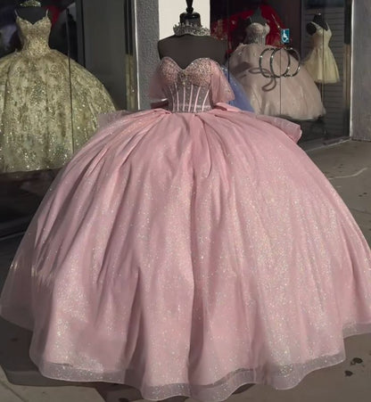 Vestido de quinceañera largo de tul rosa con hombros descubiertos, estilo princesa, para 15 años, DH1856