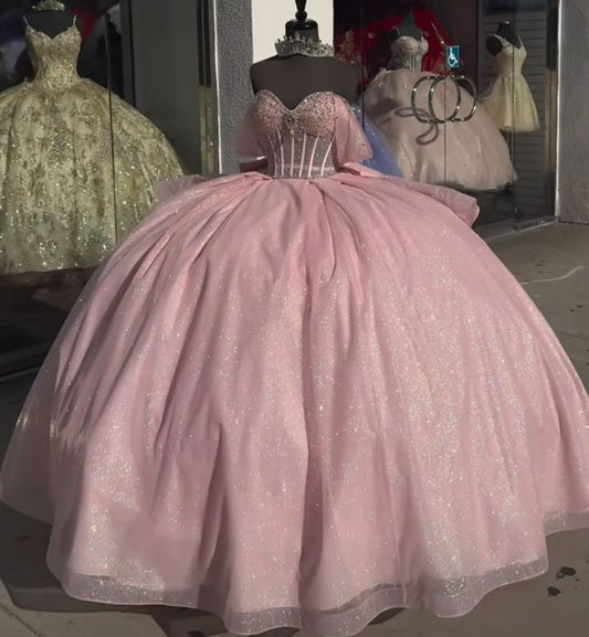 Vestido de quinceañera largo de tul rosa con hombros descubiertos, estilo princesa, para 15 años, DH1856