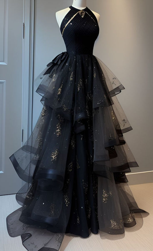 Vestido de quinceañera largo de tul negro con escote redondo, modesto, para 15 años, dulce 16, DH1858