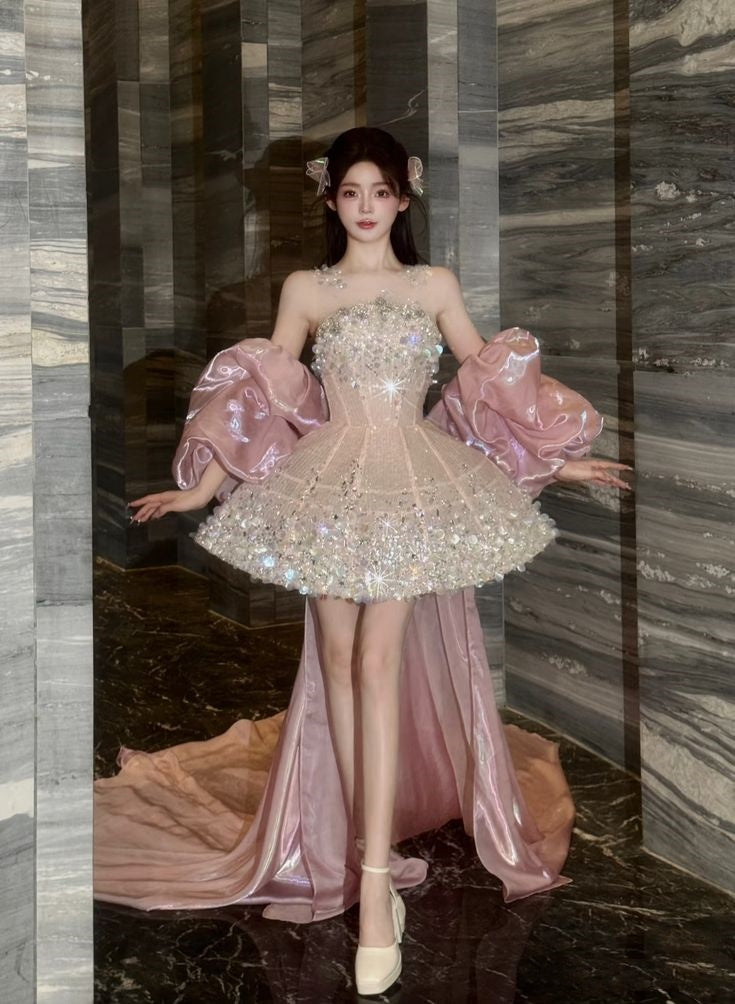 Vestido de fiesta sexy con escote redondo, cuentas color champán y lentejuelas, minivestido corto formal para octavo grado, vestido de cóctel corto para secundaria, trajes Hoco DH1878