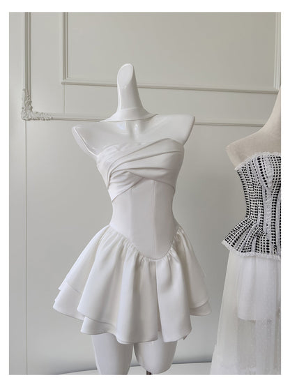 Pretty A Line Strapless Satin White Grad Dress Inspo Short Mini Formal 8th Grade Homecoming Dresses Middle School Hoco Court Dress Graduation Dress Cocktail Outfits DH1946