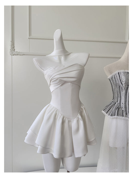 Pretty A Line Strapless Satin White Grad Dress Inspo Short Mini Formal 8th Grade Homecoming Dresses Middle School Hoco Court Dress Graduation Dress Cocktail Outfits DH1946