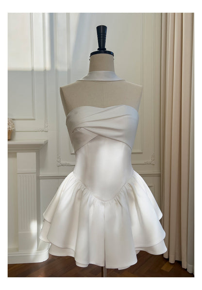 Pretty A Line Strapless Satin White Grad Dress Inspo Short Mini Formal 8th Grade Homecoming Dresses Middle School Hoco Court Dress Graduation Dress Cocktail Outfits DH1946