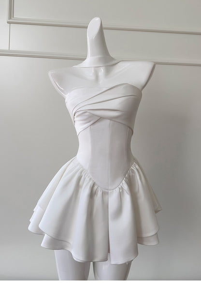Pretty A Line Strapless Satin White Grad Dress Inspo Short Mini Formal 8th Grade Homecoming Dresses Middle School Hoco Court Dress Graduation Dress Cocktail Outfits DH1946