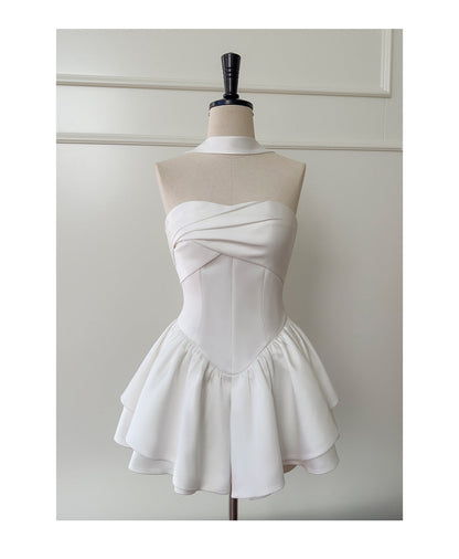 Pretty A Line Strapless Satin White Grad Dress Inspo Short Mini Formal 8th Grade Homecoming Dresses Middle School Hoco Court Dress Graduation Dress Cocktail Outfits DH1946