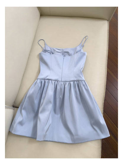 Cute A line Spaghetti Straps Satin Blue Short Grad Dress Inspo Short Mini Formal 8th Grade Homecoming Dresses High School Hoco Court Dress Graduation Dress 18th Birthday Outfits DH1947