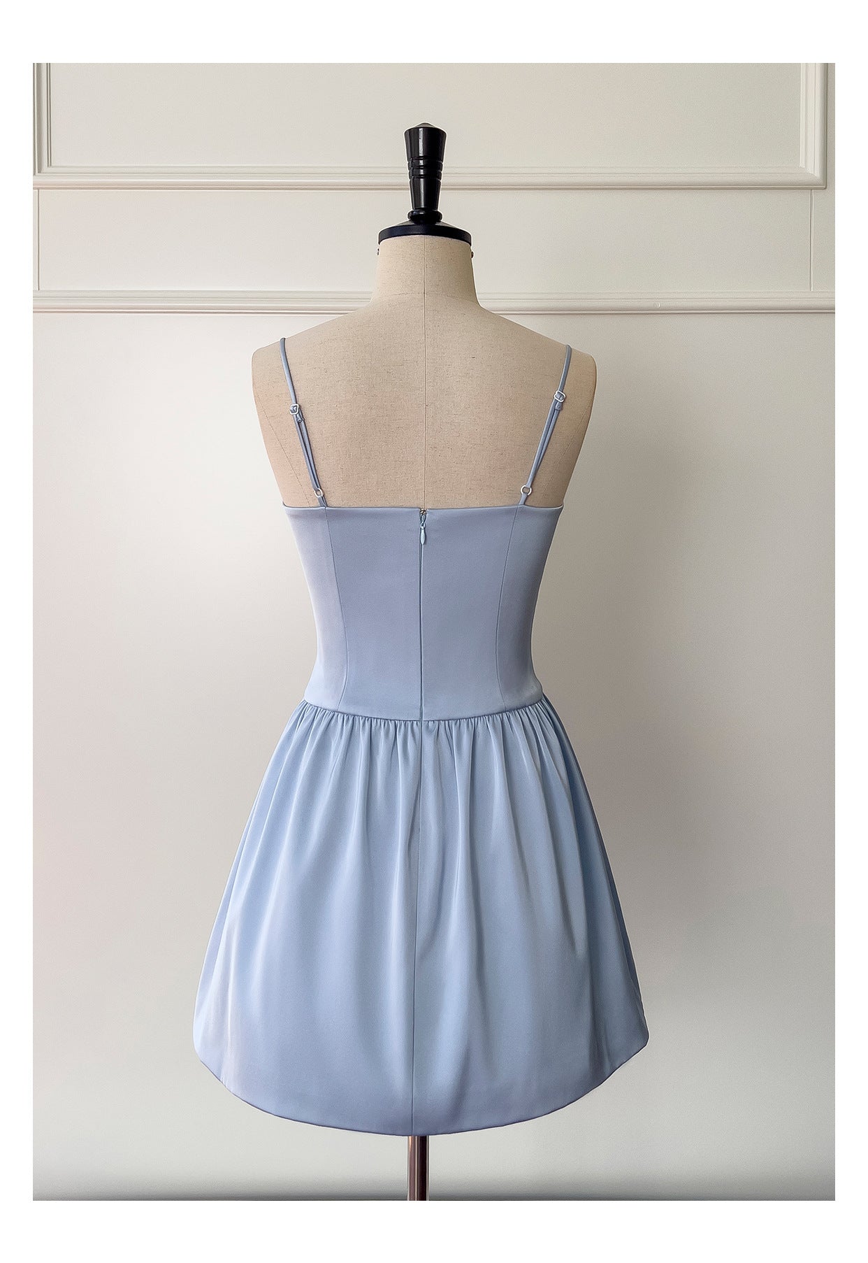 Cute A line Spaghetti Straps Satin Blue Short Grad Dress Inspo Short Mini Formal 8th Grade Homecoming Dresses High School Hoco Court Dress Graduation Dress 18th Birthday Outfits DH1947