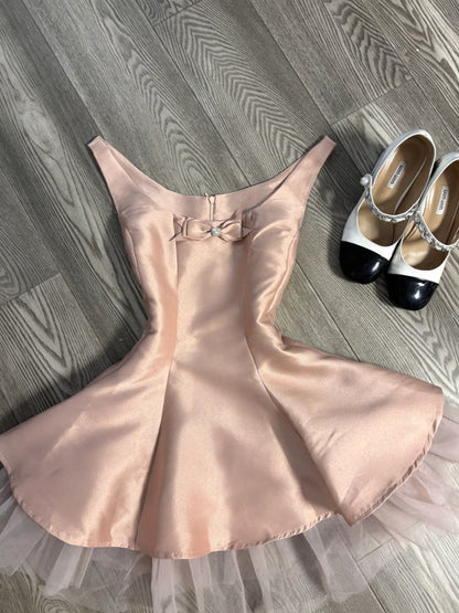 Vestido corto de cóctel de satén rosa con escote en A, corte en A, para escuela secundaria, DH2082