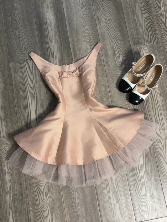 Vestido corto de cóctel de satén rosa con escote en A, corte en A, para escuela secundaria, DH2082