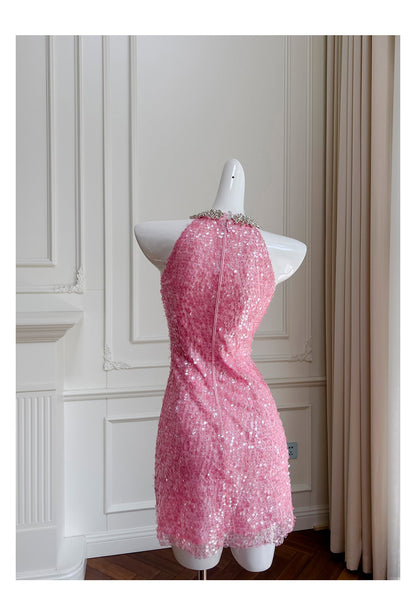 Vestido corto de cóctel para escuela secundaria, con escote redondo y lentejuelas rosas, estilo mini formal, para octavo grado, DH2100