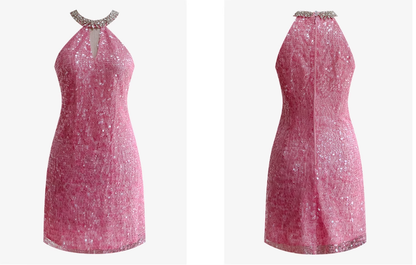 Vestido corto de cóctel para escuela secundaria, con escote redondo y lentejuelas rosas, estilo mini formal, para octavo grado, DH2100