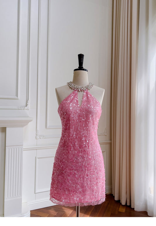 Vestido corto de cóctel para escuela secundaria, con escote redondo y lentejuelas rosas, estilo mini formal, para octavo grado, DH2100