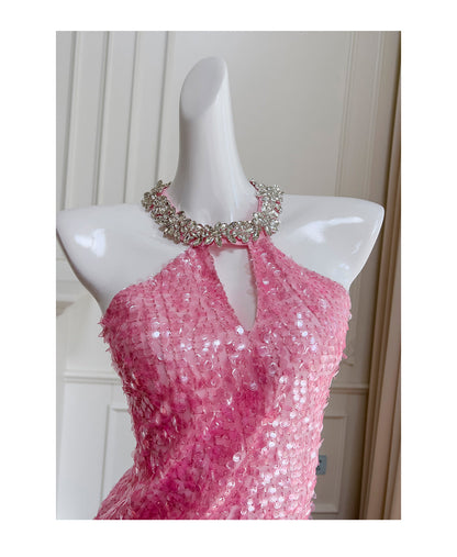 Vestido corto de cóctel para escuela secundaria, con escote redondo y lentejuelas rosas, estilo mini formal, para octavo grado, DH2100