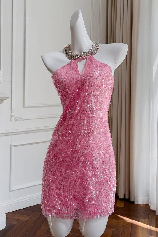 Vestido corto de cóctel para escuela secundaria, con escote redondo y lentejuelas rosas, estilo mini formal, para octavo grado, DH2100