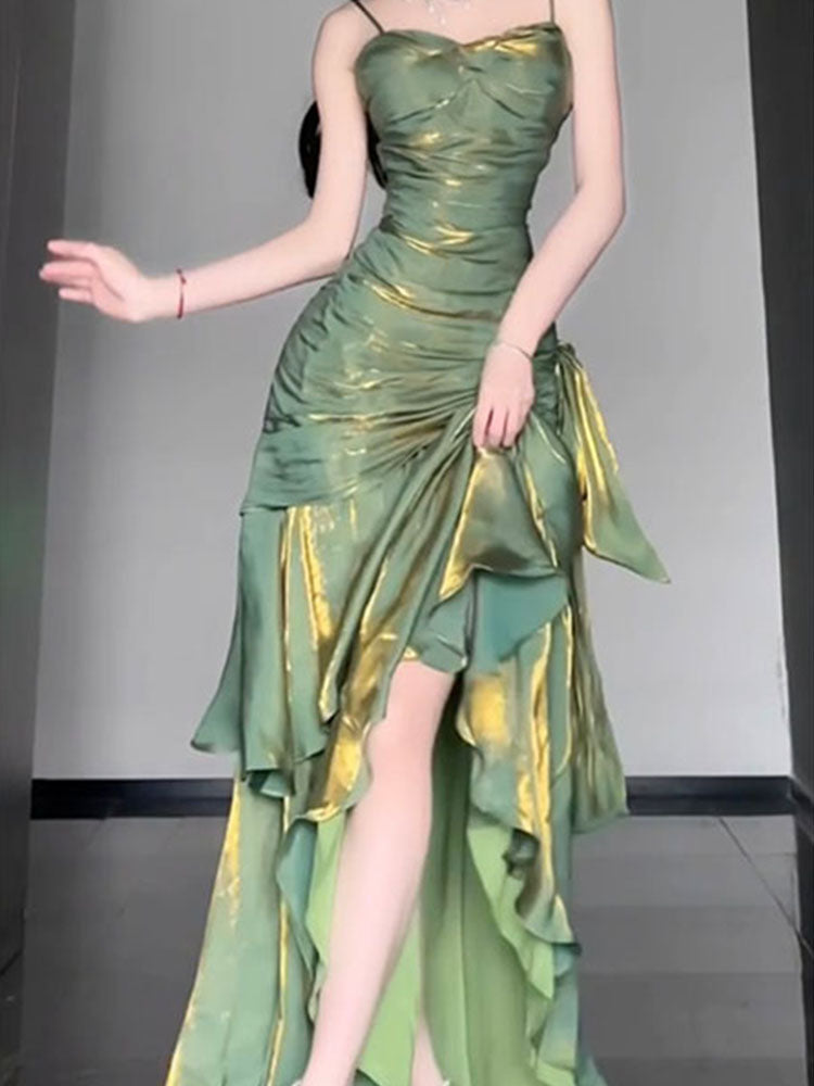 Vestido largo de verano estilo sirena con tirantes finos, estilo vintage, verde, para fiesta de cumpleaños número 18, atuendos de noche, DH2403