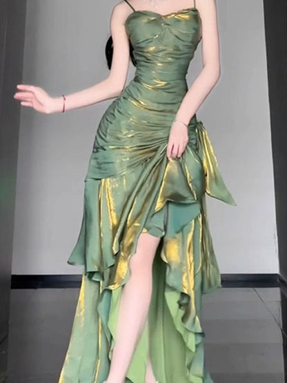 Vestido largo de verano estilo sirena con tirantes finos, estilo vintage, verde, para fiesta de cumpleaños número 18, atuendos de noche, DH2403