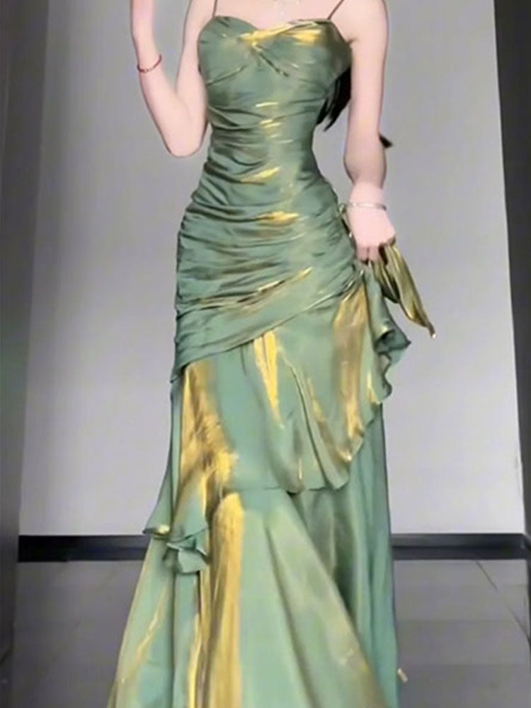 Vestido largo de verano estilo sirena con tirantes finos, estilo vintage, verde, para fiesta de cumpleaños número 18, atuendos de noche, DH2403