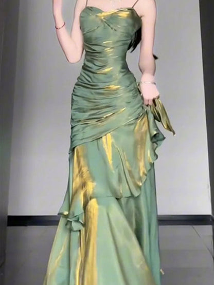 Vestido largo de verano estilo sirena con tirantes finos, estilo vintage, verde, para fiesta de cumpleaños número 18, atuendos de noche, DH2403