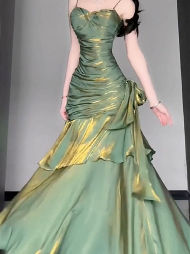Vestido largo de verano estilo sirena con tirantes finos, estilo vintage, verde, para fiesta de cumpleaños número 18, atuendos de noche, DH2403