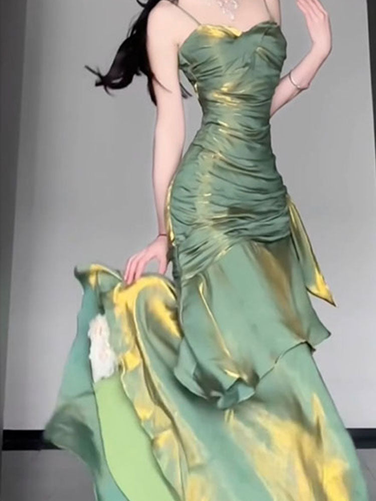 Vestido largo de verano estilo sirena con tirantes finos, estilo vintage, verde, para fiesta de cumpleaños número 18, atuendos de noche, DH2403