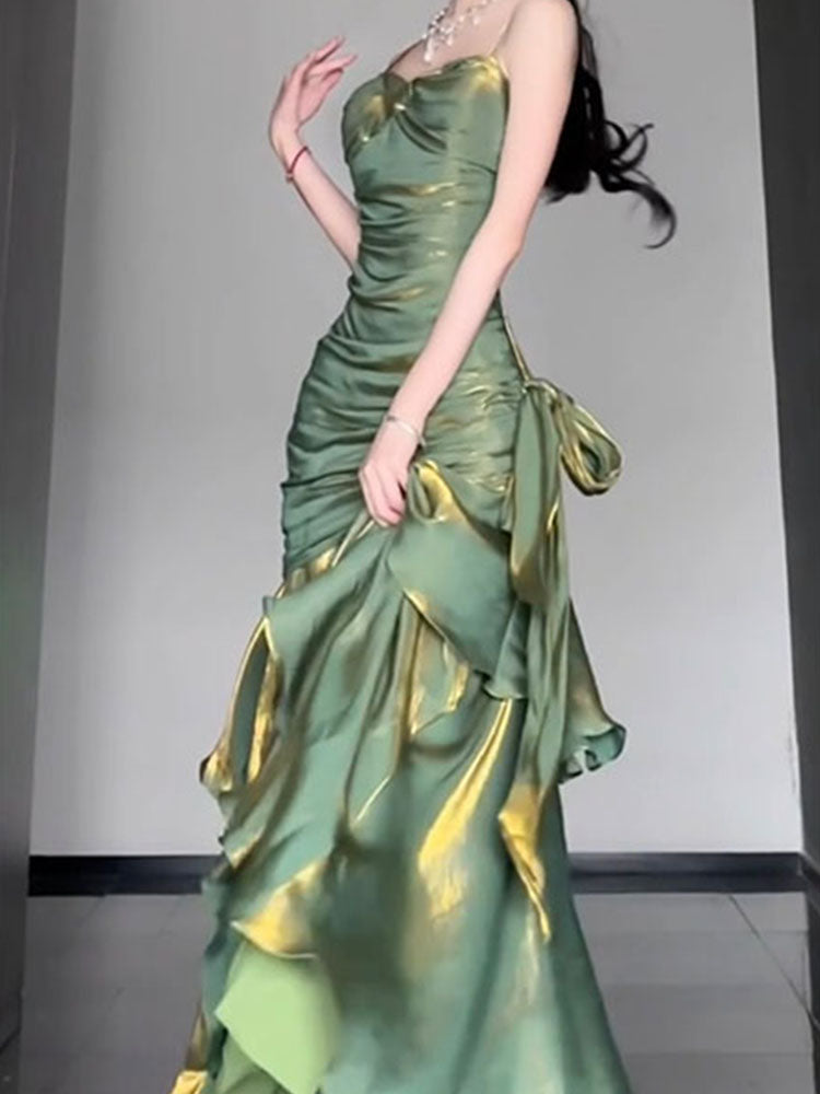 Vestido largo de verano estilo sirena con tirantes finos, estilo vintage, verde, para fiesta de cumpleaños número 18, atuendos de noche, DH2403