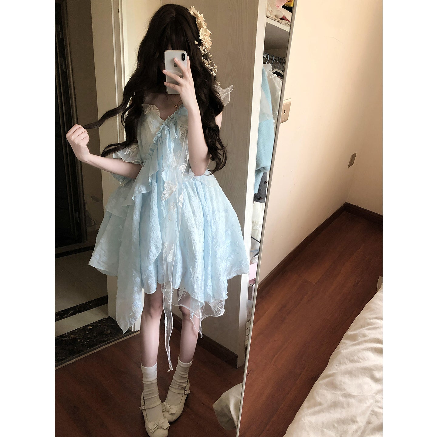 Vestido de fiesta con tirantes finos y encaje azul claro para verano, vestido de lolita para 18 cumpleaños, atuendo de lolita DH2404