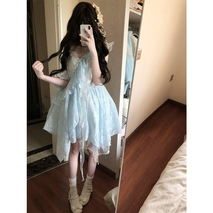Vestido de fiesta con tirantes finos y encaje azul claro para verano, vestido de lolita para 18 cumpleaños, atuendo de lolita DH2404