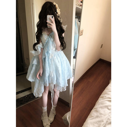 Vestido de fiesta con tirantes finos y encaje azul claro para verano, vestido de lolita para 18 cumpleaños, atuendo de lolita DH2404