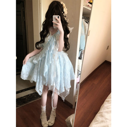 Vestido de fiesta con tirantes finos y encaje azul claro para verano, vestido de lolita para 18 cumpleaños, atuendo de lolita DH2404