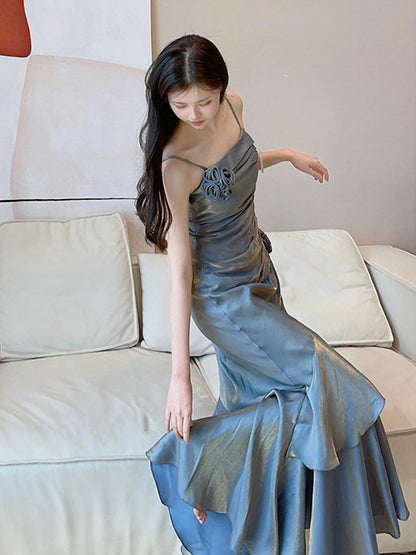 Vestido largo de sirena vintage con tirantes finos en azul para verano, ideal para fiestas de cumpleaños de 18 años, vestidos de noche DH2418