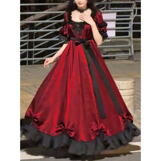 Vestido largo vintage de verano con escote cuadrado y corte en A en color burdeos para 16 cumpleaños, vestido lolita, minivestido para 18 cumpleaños, traje lolita corto DH2431