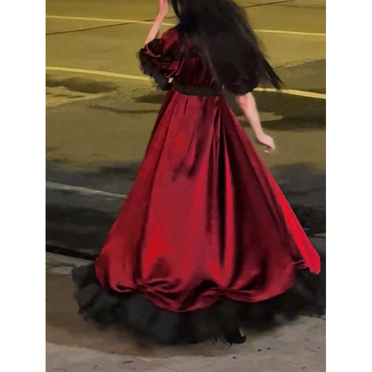 Vestido largo vintage de verano con escote cuadrado y corte en A en color burdeos para 16 cumpleaños, vestido lolita, minivestido para 18 cumpleaños, traje lolita corto DH2431