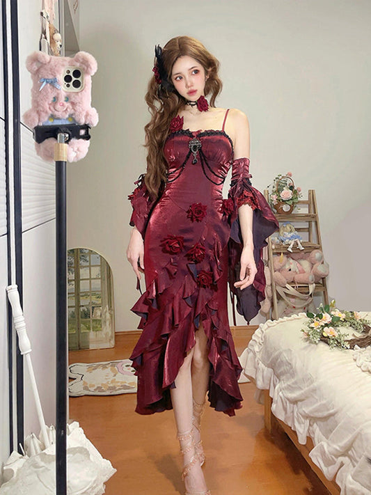 Vestido vintage de sirena con tirantes finos, color burdeos, para 18 cumpleaños, color vino tinto, con mangas, estilo lolita, para 16 cumpleaños, DH2432