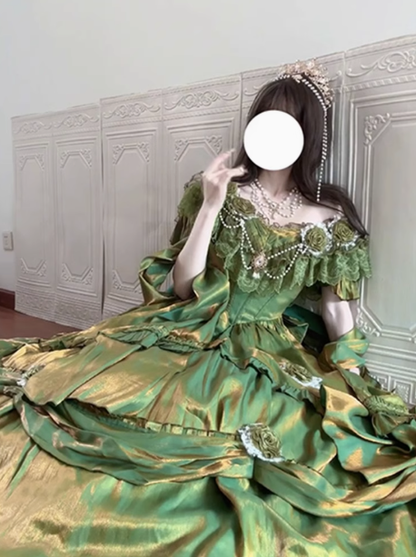 Vestido de fiesta vintage verde con hombros descubiertos para 21 cumpleaños, vestido lolita largo, DH2436