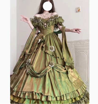 Vestido de fiesta vintage verde con hombros descubiertos para 21 cumpleaños, vestido lolita largo, DH2436