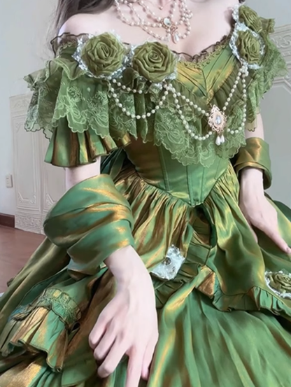 Vestido de fiesta vintage verde con hombros descubiertos para 21 cumpleaños, vestido lolita largo, DH2436