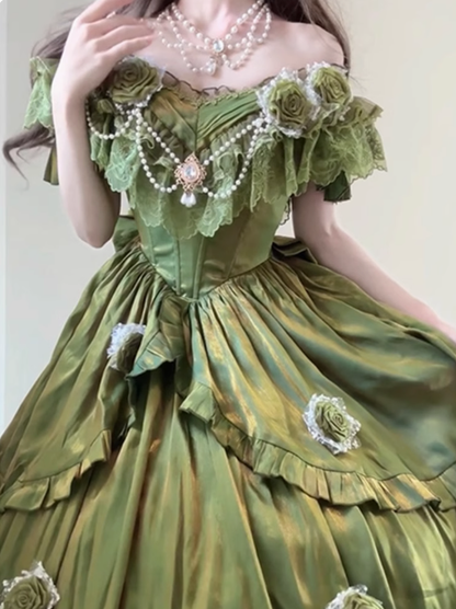 Vestido de fiesta vintage verde con hombros descubiertos para 21 cumpleaños, vestido lolita largo, DH2436