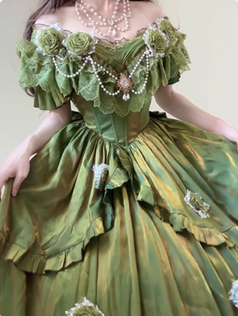 Vestido de fiesta vintage verde con hombros descubiertos para 21 cumpleaños, vestido lolita largo, DH2436