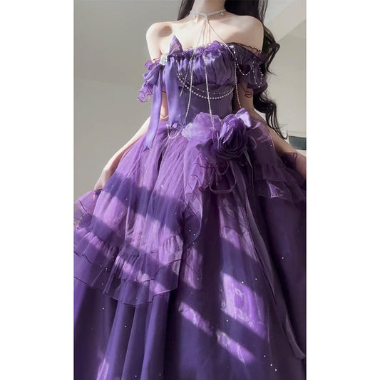 Vestido de fiesta vintage con hombros descubiertos, tul color uva, para 22 cumpleaños, vestido lolita largo, atuendos lolita DH2441