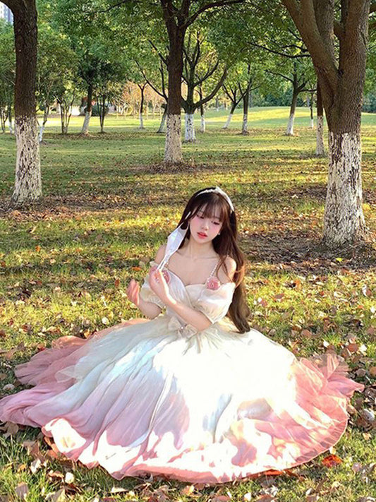 Vestido de fiesta vintage con hombros descubiertos, mangas cortas, para 16 cumpleaños, con degradado rosa, vestido Lolita, trajes largos para 16 cumpleaños DH2447