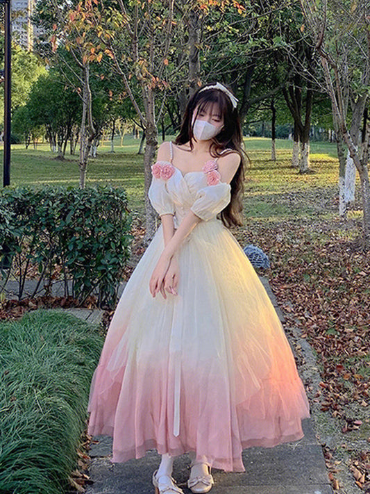 Vestido de fiesta vintage con hombros descubiertos, mangas cortas, para 16 cumpleaños, con degradado rosa, vestido Lolita, trajes largos para 16 cumpleaños DH2447