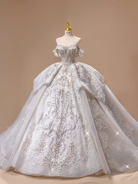 Vestido de novia estilo princesa, con hombros descubiertos y lentejuelas, manga corta, DH2787
