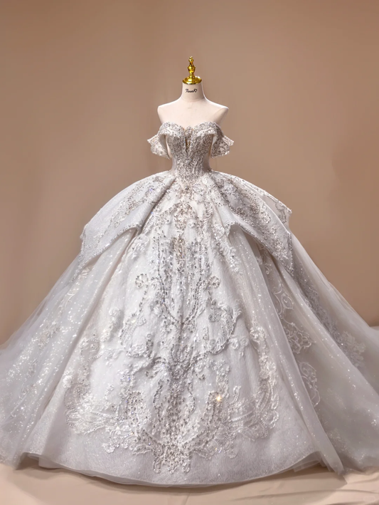 Vestido de novia estilo princesa, con hombros descubiertos y lentejuelas, manga corta, DH2787
