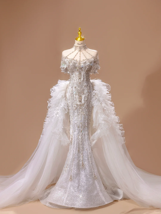 Vestido de novia princesa sirena sin tirantes con lentejuelas y mangas cortas DH2789